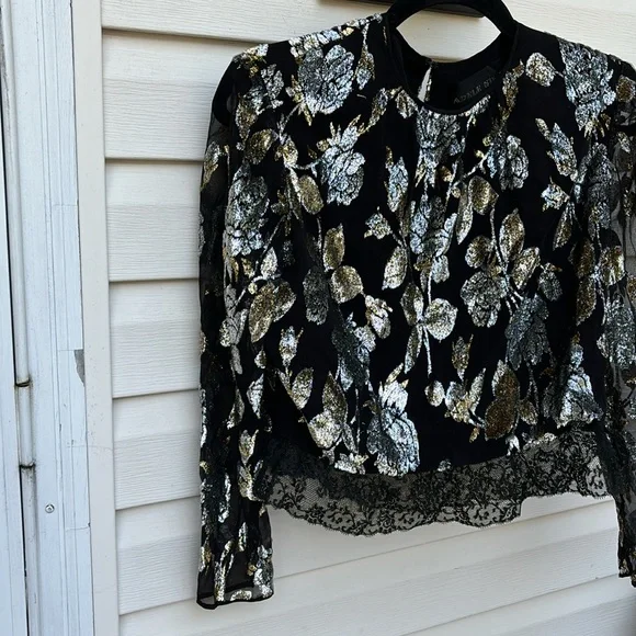 ADELE SIMPSON LADIES BLACK SILVER GOLD LACE BLOUSE-VINTAGE-WOW! - Picture 3 of 8